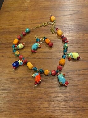 Hand Crafted Multicolor Parrot Charm Necklace and Earrings